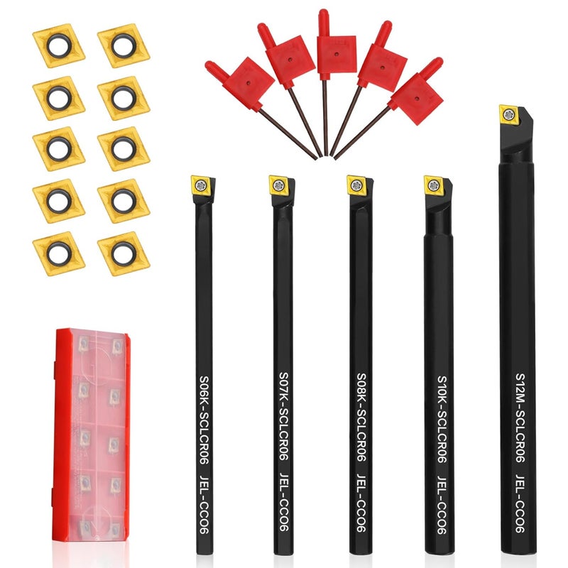 Joogto S06K/S07K/S08K/S10K/S12M-SCLCR06 Indexable Lathe Turning Tool 15Pcs Kit, 5Pcs Metal Lathe Tools Holder Set, with 10Pcs CCM21.51/CCMT060204 Carbide Inserts Turning Inserts Carbide Turning Tool - Image 1